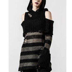 Killstar Gothic Shallow Grave Hooded Grey and Black Knit Sweater Size Small